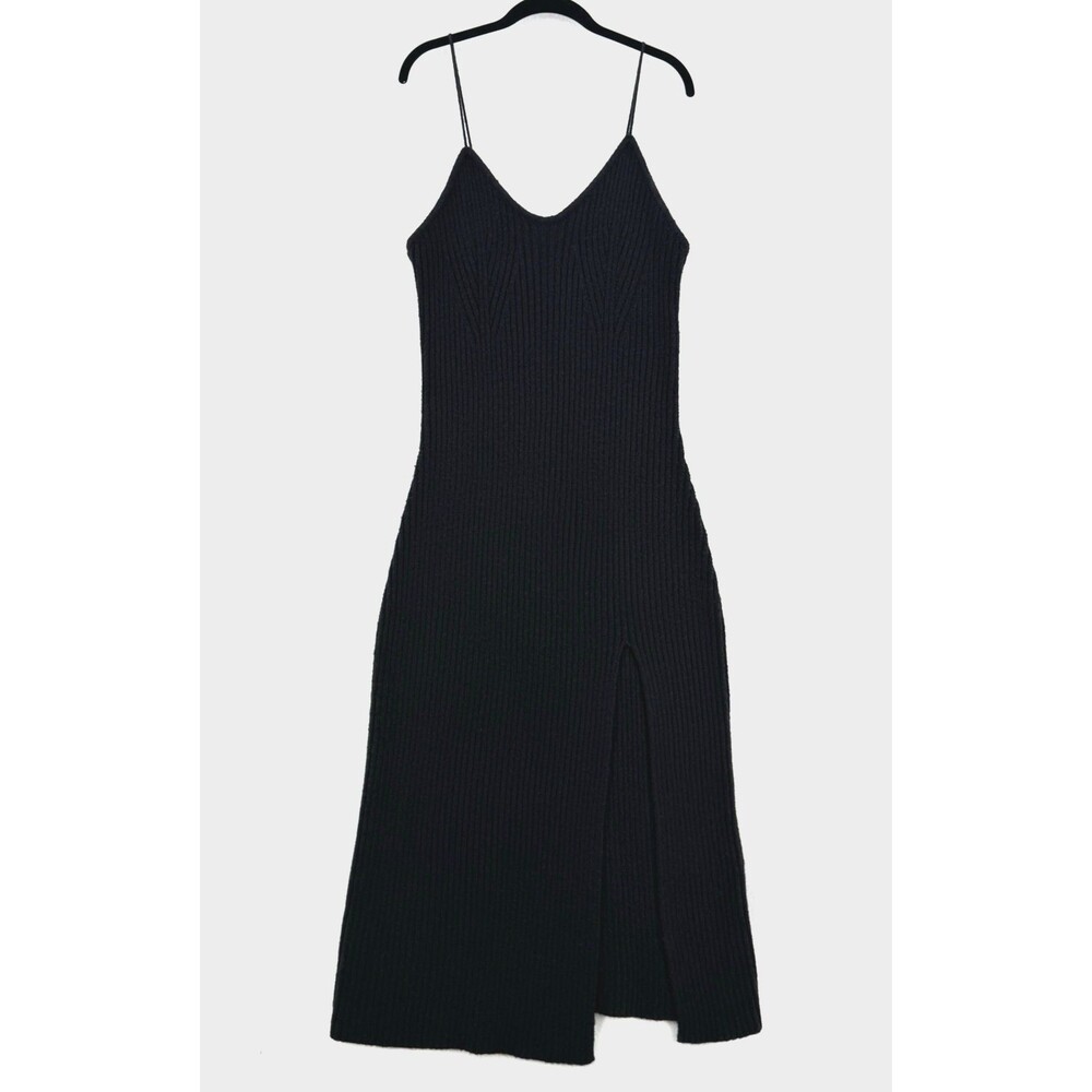 CIDER Ribbed Knit Maxi Dress Women 2XL Black Spaghetti Strap Front Slit Bodycon